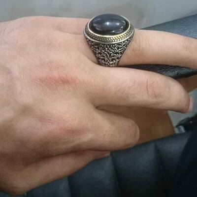 Oval Siyah Oniks Taşlı Simetrik Desen Gümüş Erkek Yüzük - 5