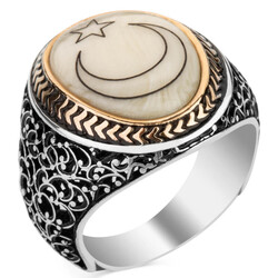 Sedef Üzerine Ay-Yıldızlı 925 Ayar Gümüş Yüzük