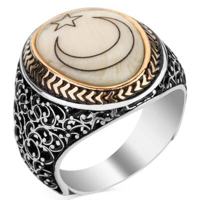 Sedef Üzerine Ay-Yıldızlı 925 Ayar Gümüş Yüzük - 1