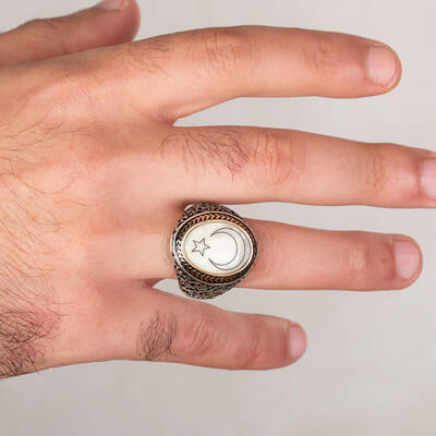 Sedef Üzerine Ay-Yıldızlı 925 Ayar Gümüş Yüzük - 4