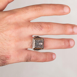 Selçuklu Kartalı Kare Tasarım Erkek Gümüş Yüzüğü - Thumbnail