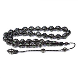 Sığırcık Gözü Gümüş ve Zümrüt İşlemeli Oltu Tesbih