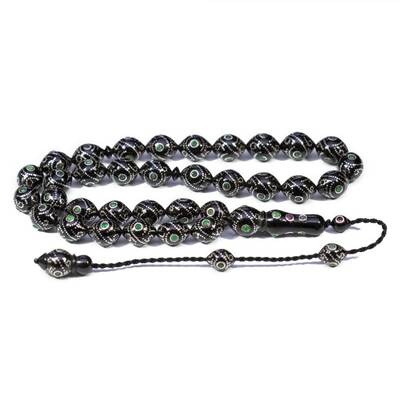 Sığırcık Gözü Gümüş ve Zümrüt İşlemeli Oltu Tesbih - 1