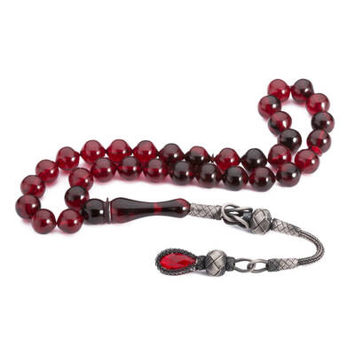 Sığırcık Kesim Karışık Kırmızı Hareli Sıkma Kehribar Tesbih - 1