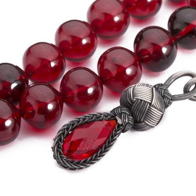 Sığırcık Kesim Karışık Kırmızı Hareli Sıkma Kehribar Tesbih - 5