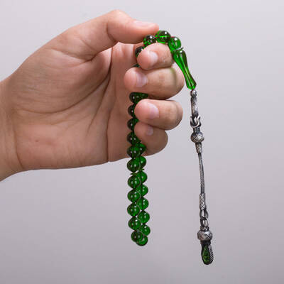 Sığırcık Kesim Yeşil Sıkma Kehribar Tesbih - 3