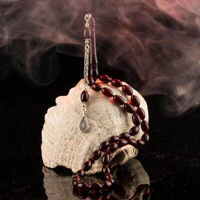 Sıkma Kehribar Arpa Kesim Osmanlı Tuğrası Püsküllü Tesbih - 5