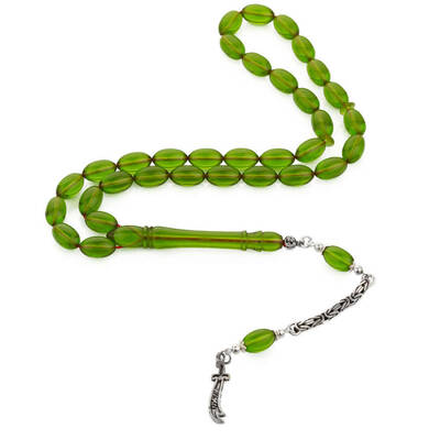 Sıkma Kehribar Arpa Kesim Zülfikar Kılıcı Püsküllü Yeşil Tesbih - 1