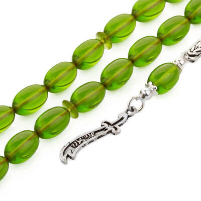 Sıkma Kehribar Arpa Kesim Zülfikar Kılıcı Püsküllü Yeşil Tesbih - 2