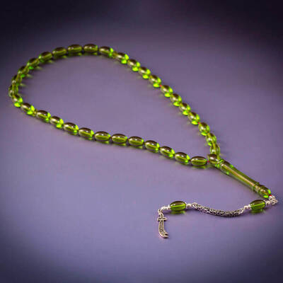 Sıkma Kehribar Arpa Kesim Zülfikar Kılıcı Püsküllü Yeşil Tesbih - 4