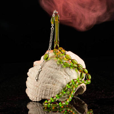 Sıkma Kehribar Arpa Kesim Zülfikar Kılıcı Püsküllü Yeşil Tesbih - 5