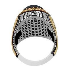 Siyah Oniks Taşlı Osmanlı Tuğralı ve Ay Yıldız Motifli Gümüş Erkek Yüzük - 3