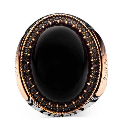 Siyah Oniks Taşlı Ya Sabır Yazılı Gümüş Erkek Yüzük - 3