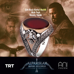 Çift Başlı Kartal Motifli Kan Kırmızı Akik Taşlı Gümüş Yüzük - Thumbnail