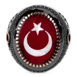 Türk Bayrağı Ay Yıldızlı Gümüş Erkek Yüzük - Thumbnail