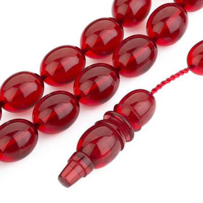 Usta İşi Arpa Kesim Kırmızı Sıkma Kehribar Tesbih - 2