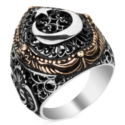 Vav Figürlü Ay Yıldız Motifli Gümüş Erkek Yüzük