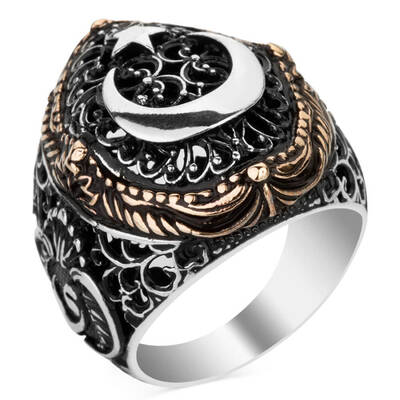 Vav Figürlü Ay Yıldız Motifli Gümüş Erkek Yüzük - 1