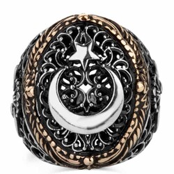 Vav Figürlü Ay Yıldız Motifli Gümüş Erkek Yüzük - 2