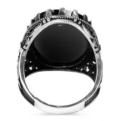 Yanları Elif-Vav Figürlü Siyah Zirkon Taşlı Gümüş Erkek Yüzük - 3