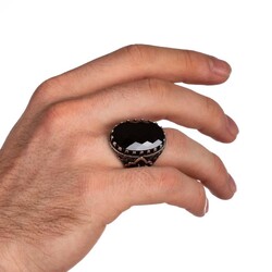 Yanları Elif-Vav Figürlü Siyah Zirkon Taşlı Gümüş Erkek Yüzük - 5