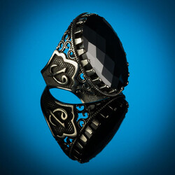 Yanları Elif-Vav Figürlü Siyah Zirkon Taşlı Gümüş Erkek Yüzük - 6