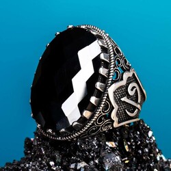 Yanları Elif-Vav Figürlü Siyah Zirkon Taşlı Gümüş Erkek Yüzük - 7