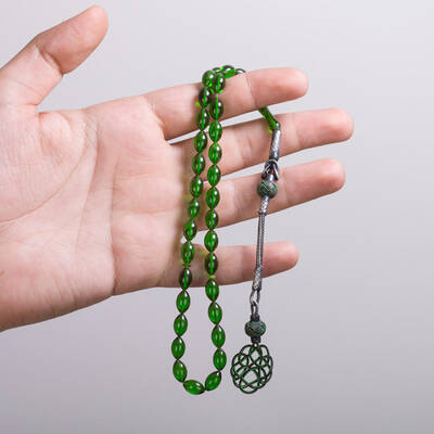 Yeşil Kazazlı Sıkma Kehribar Tesbih - 3