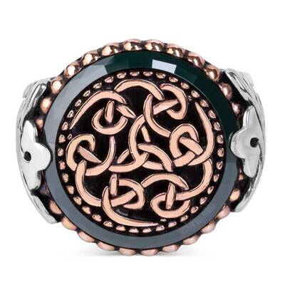 Yeşil Taş Çevrili Özel Tasarım Gümüş Erkek Yüzük - 2