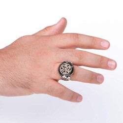 Yeşil Taş Çevrili Özel Tasarım Gümüş Erkek Yüzük - 4