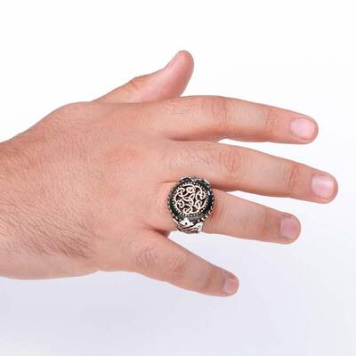 Yeşil Taş Çevrili Özel Tasarım Gümüş Erkek Yüzük - 4