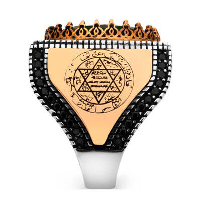 Yeşil Zirkon Taşlı Hz Süleyman Mührü Figürlü Erkek Yüzük - 2