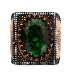 Yeşil Zirkon Taşlı Hz Süleyman Mührü Figürlü Erkek Yüzük - 3