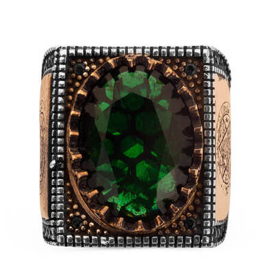 Yeşil Zirkon Taşlı Hz Süleyman Mührü Figürlü Erkek Yüzük - 3