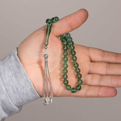 Yuvarlak Kesim Yeşil Renk Sıkma Kehribar Tesbih - 3