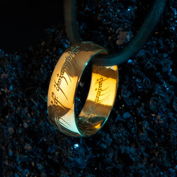 Anı Yüzük - Yüzüklerin Efendisi Güç Yüzükleri Kolyesi Açık Gold Renk Deri İpli