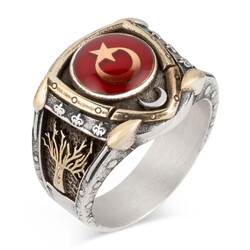 Zırh Model Hayat Ağacı Ay Yıldızlı Kırmızı Mineli Gümüş Erkek Yüzüğü - Thumbnail