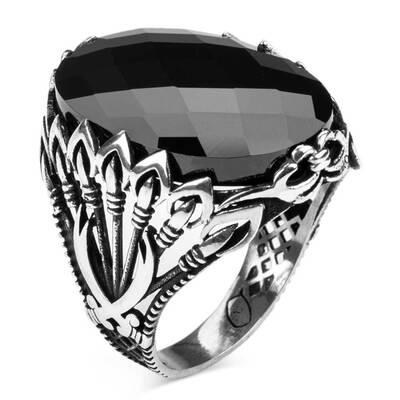 Zülfikar ve Mızrak Motifli Siyah Zirkon Taşlı Gümüş Erkek Yüzük - 1