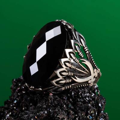 Zülfikar ve Mızrak Motifli Siyah Zirkon Taşlı Gümüş Erkek Yüzük - 5